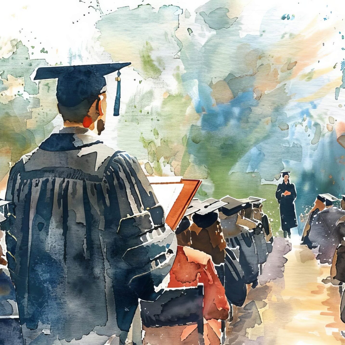 A watercolor painting of a graduation ceremony